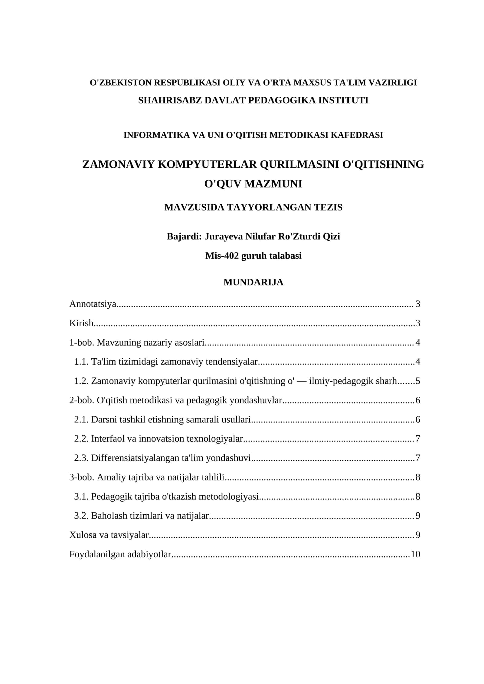 ZAMONAVIY KOMPYUTERLAR QURILMASINI O'QITISHNING O'QUV MAZMUNI