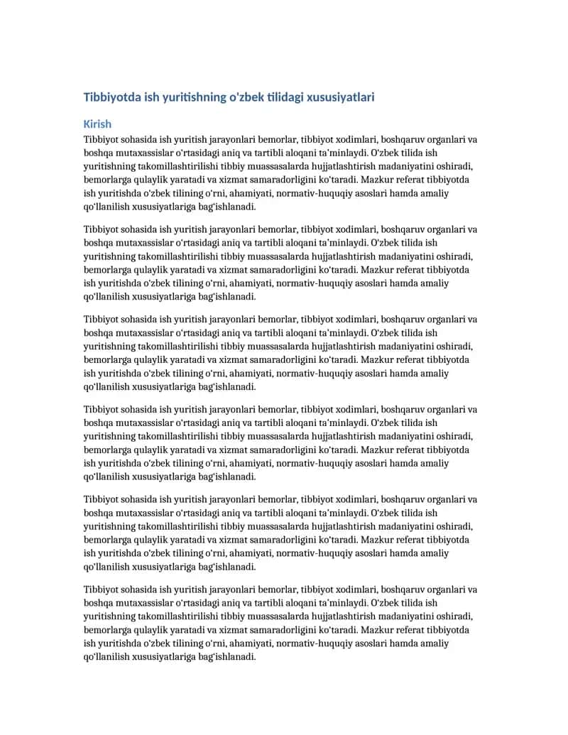 Tibbiyotda ish yuritishning o'zbek tilidagi xususiyatlari