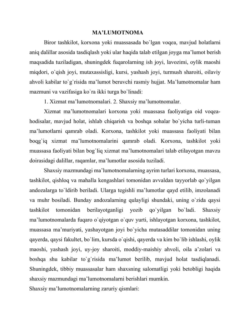 Ma'lumotnoma yozish qoidalari
