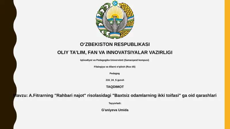 A.Fitrarning "Rahbari najot" risolasidagi "Baxtsiz odamlarning ikki toifasi" ga oid qarashlari