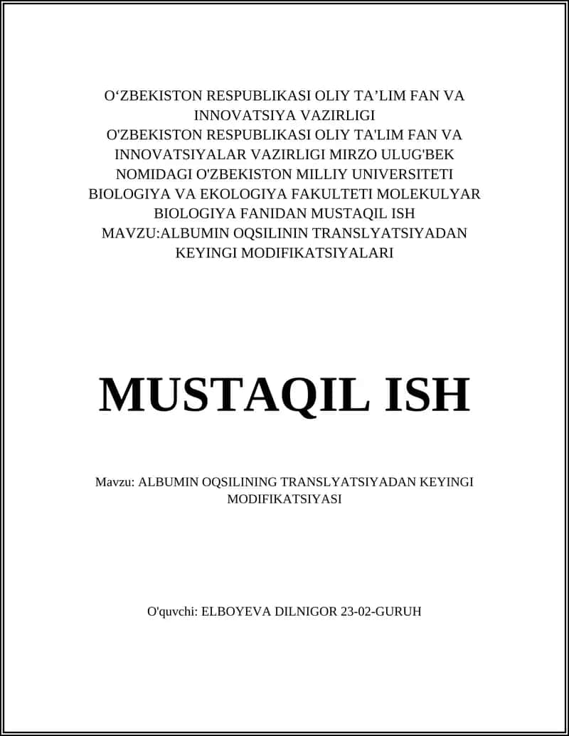 ALBUMIN OQSILINING TRANSLYATSIYADAN KEYINGI MODIFIKATSIYASI