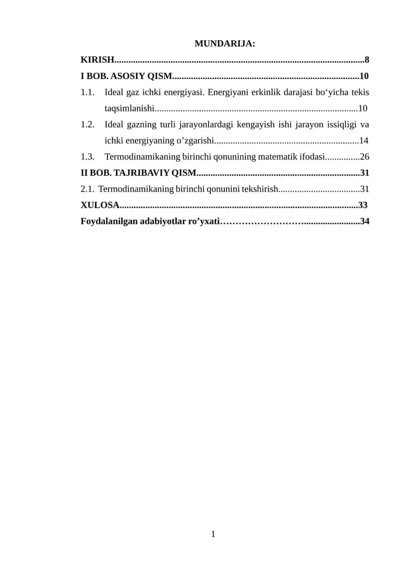 Termodinamikaning 1-qonuni kurs ishi