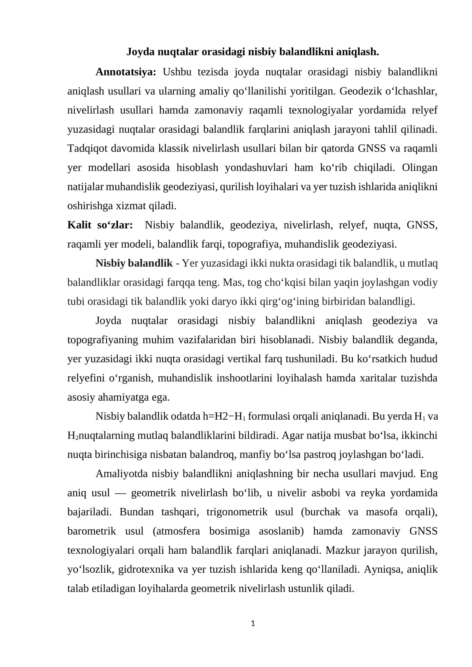 Joyda nuqtalar orasidagi nisbiy balandlikni aniqlash.