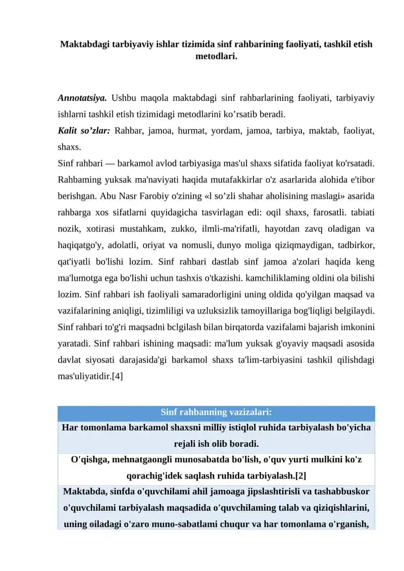 Maktabdagi tarbiyaviy ishlar tizimida sinf rahbarining faoliyati, tashkil etish metodlari.
