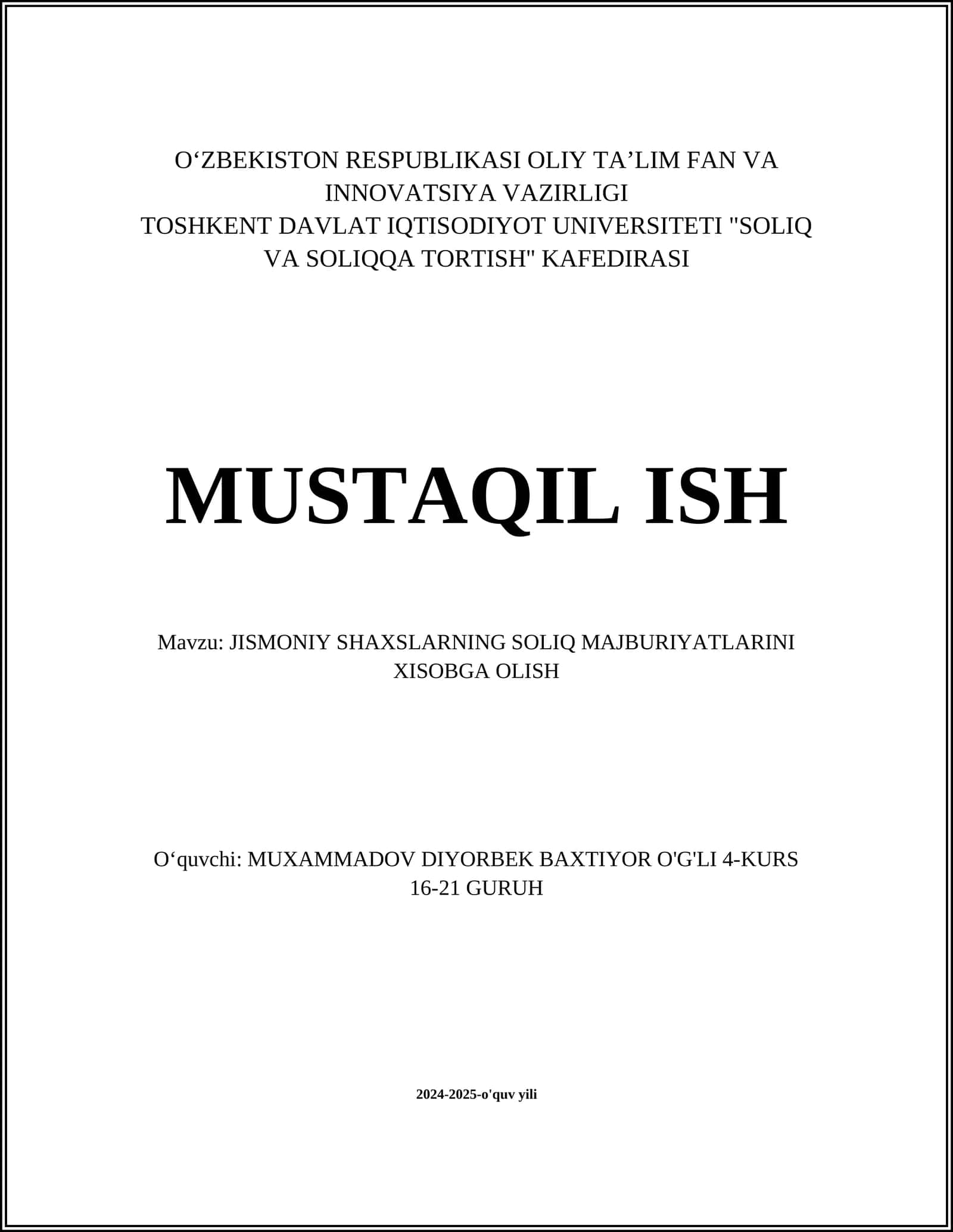 JISMONIY SHAXSLARNING SOLIQ MAJBURIYATLARINI XISOBGA OLISH