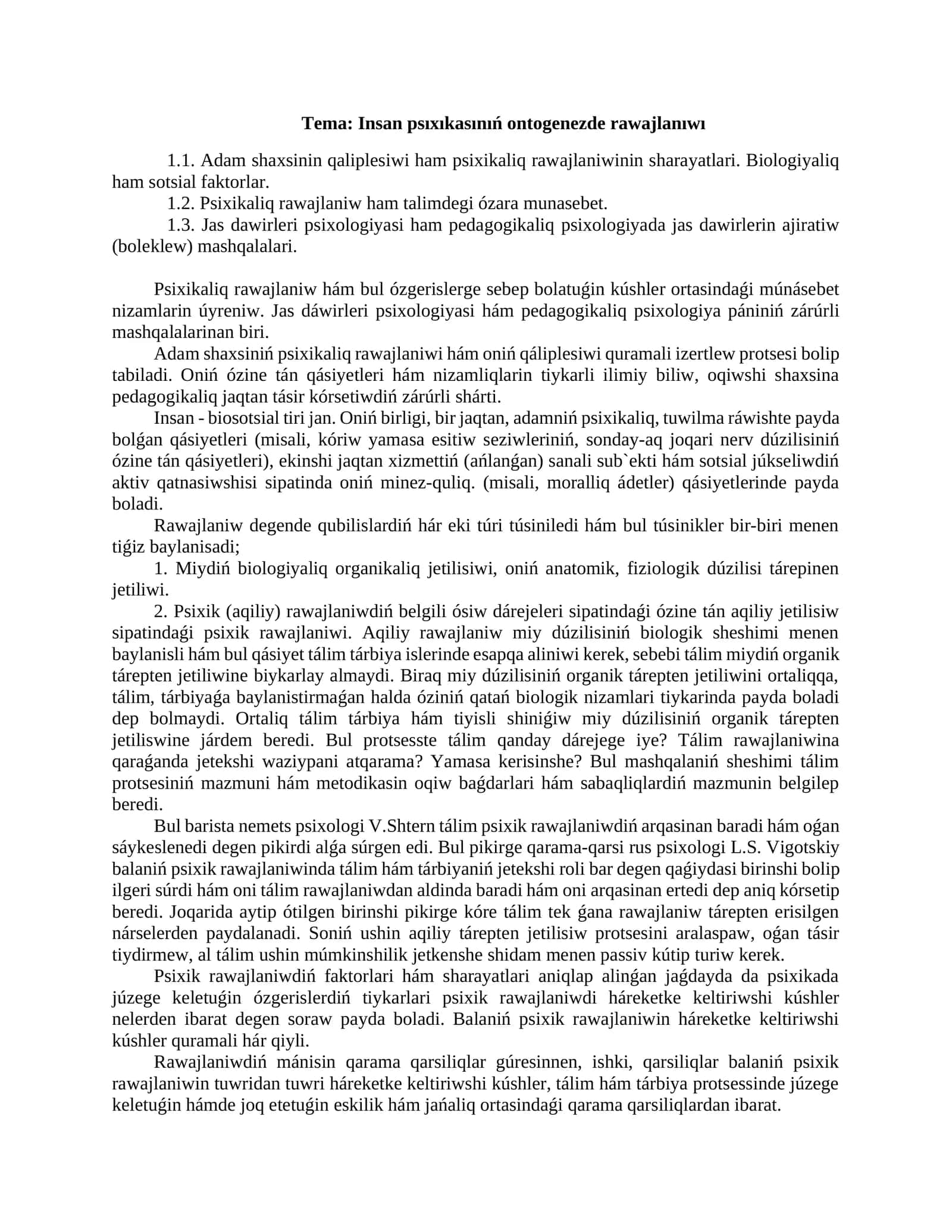 Insan psıxıkasınıń ontogenezde rawajlanıwı