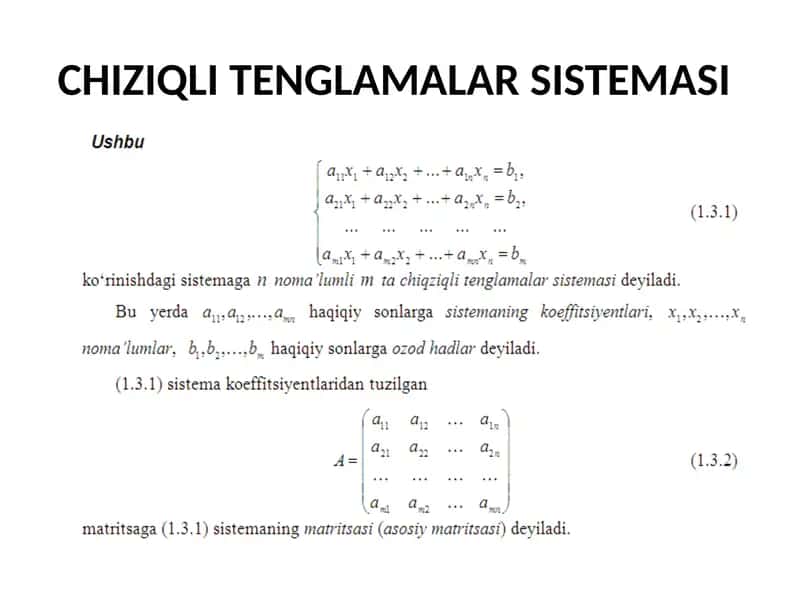 Oliy matematika: chiziqli tenglamalar sistemasi taqdimoti