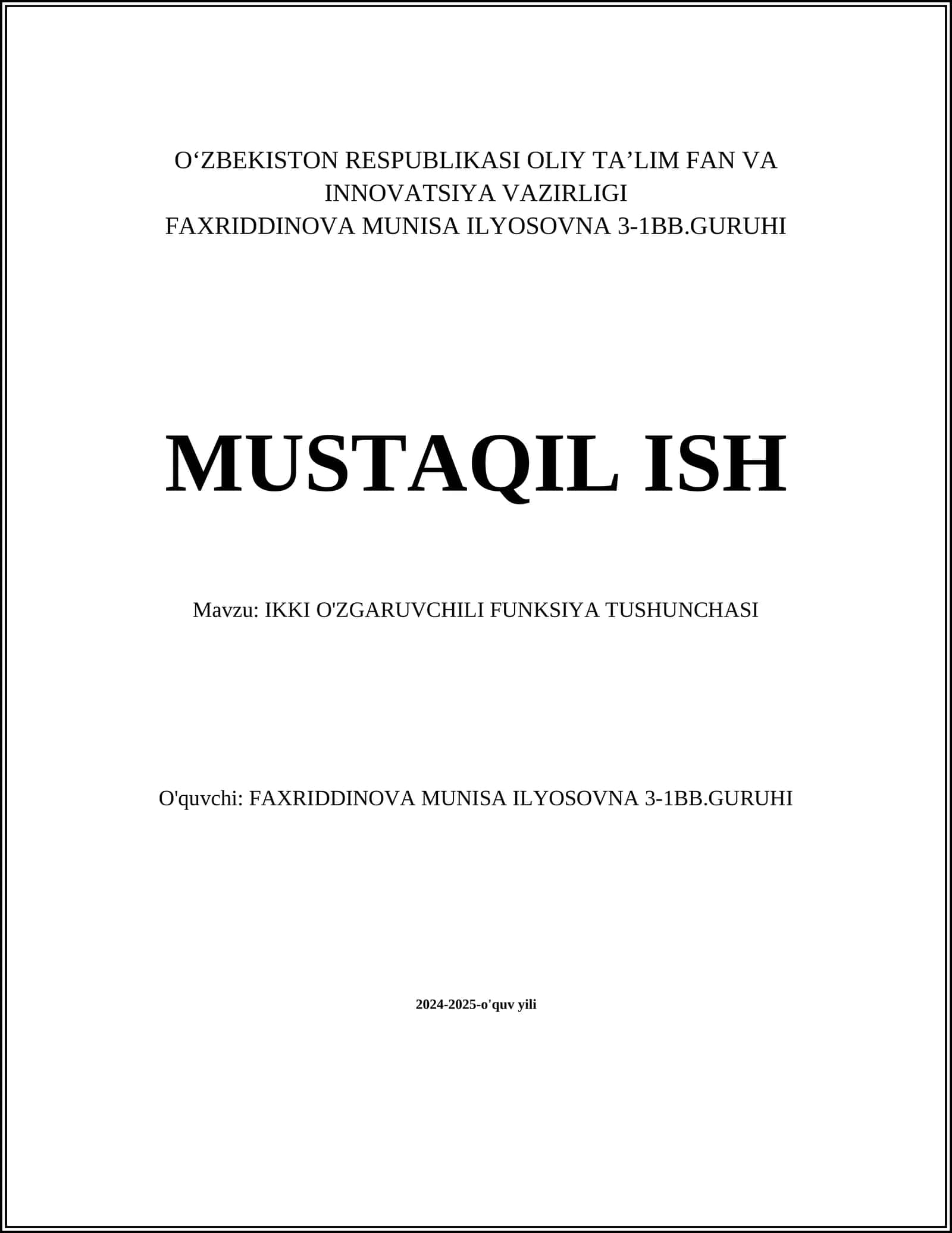 IKKI O'ZGARUVCHILI FUNKSIYA TUSHUNCHASI