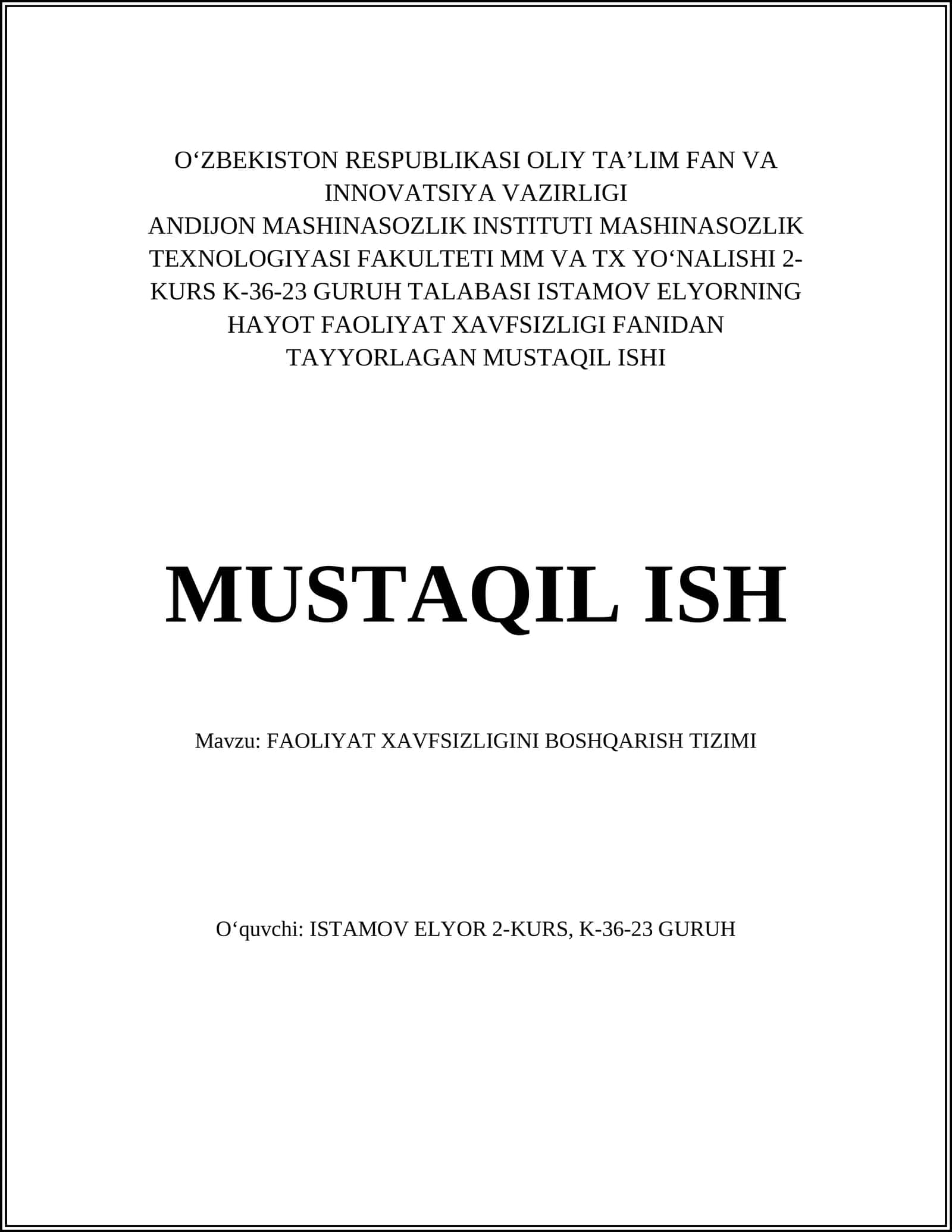 FAOLIYAT XAVFSIZLIGINI BOSHQARISH TIZIMI
