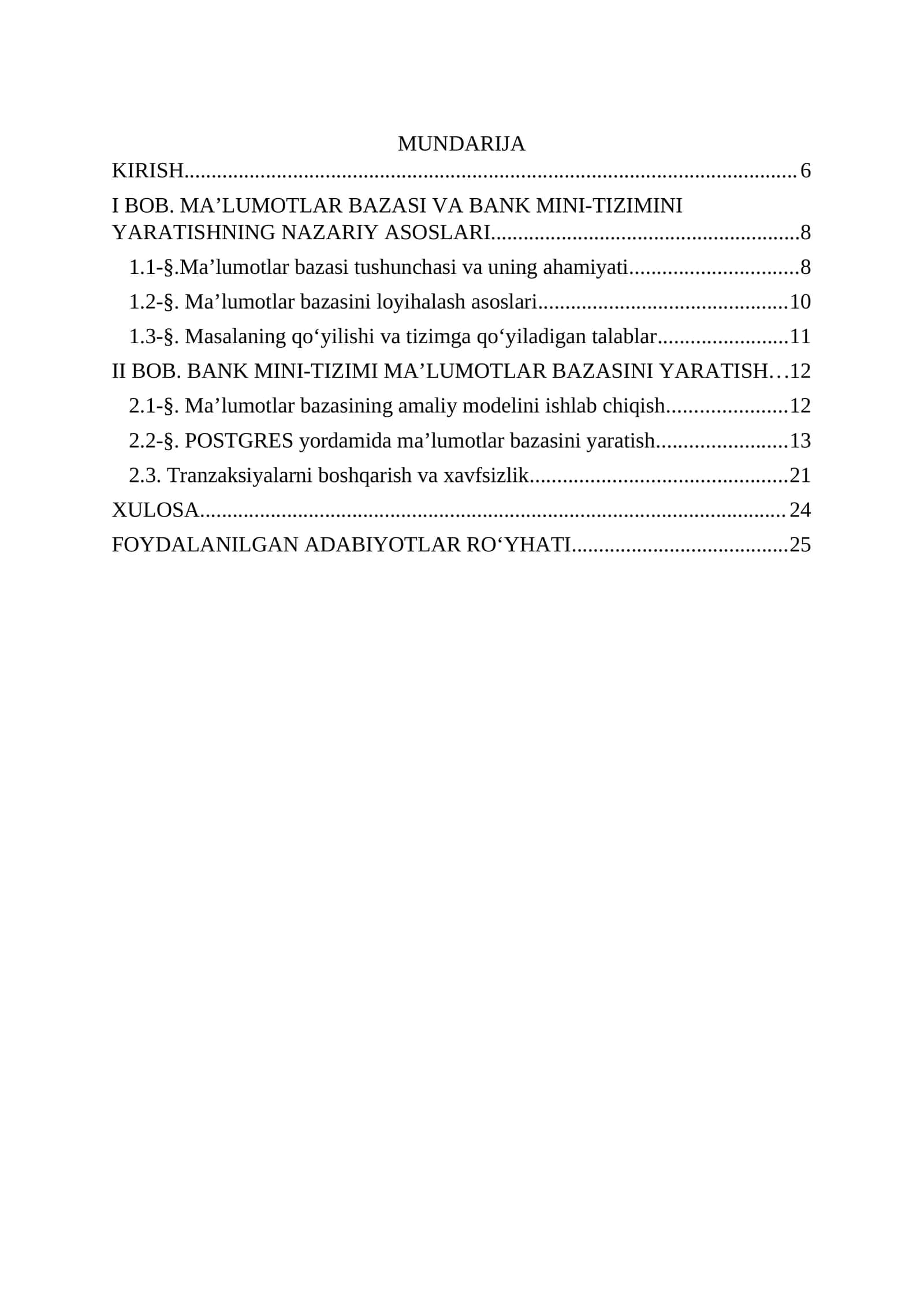 BANK MINI-TIZIMI MA’LUMOTLAR BAZASINI YARATISH individual loyiha