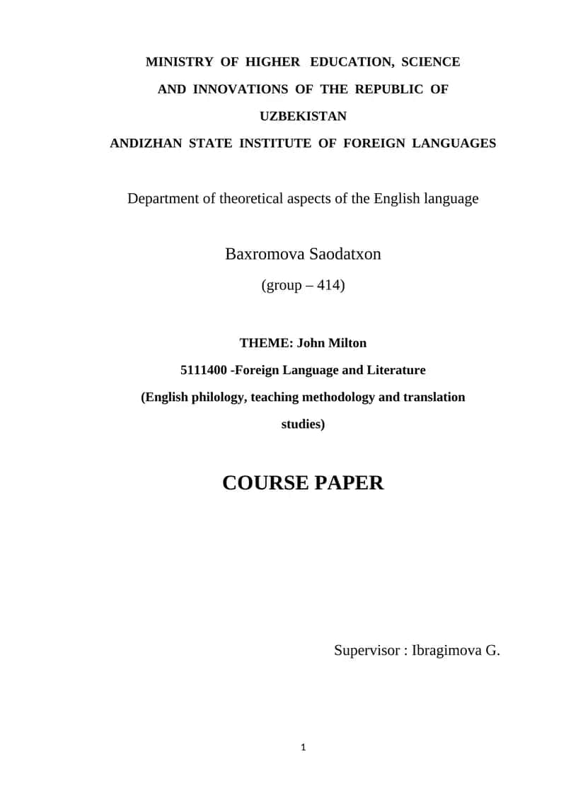 Course Paper on John Milton