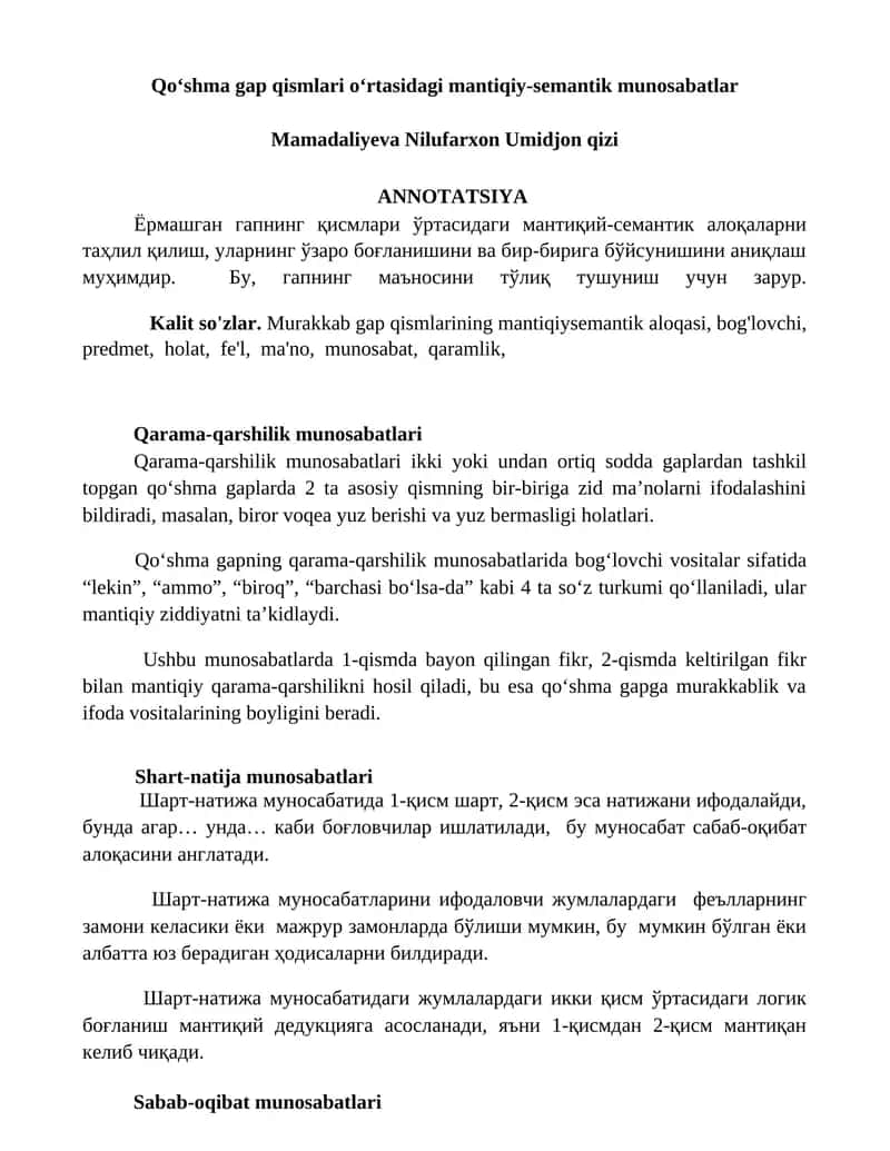 Qoʻshma gap qismlari oʻrtasidagi mantiqiy-semantik munosabatlar