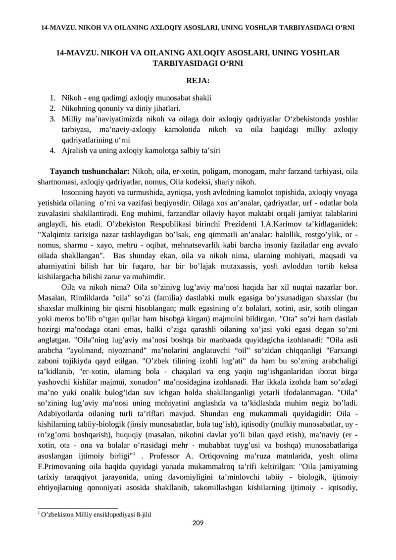 NIKOH VA OILANING AXLOQIY ASOSLARI, UNING YOSHLAR TARBIYASIDAGI O‘RNI