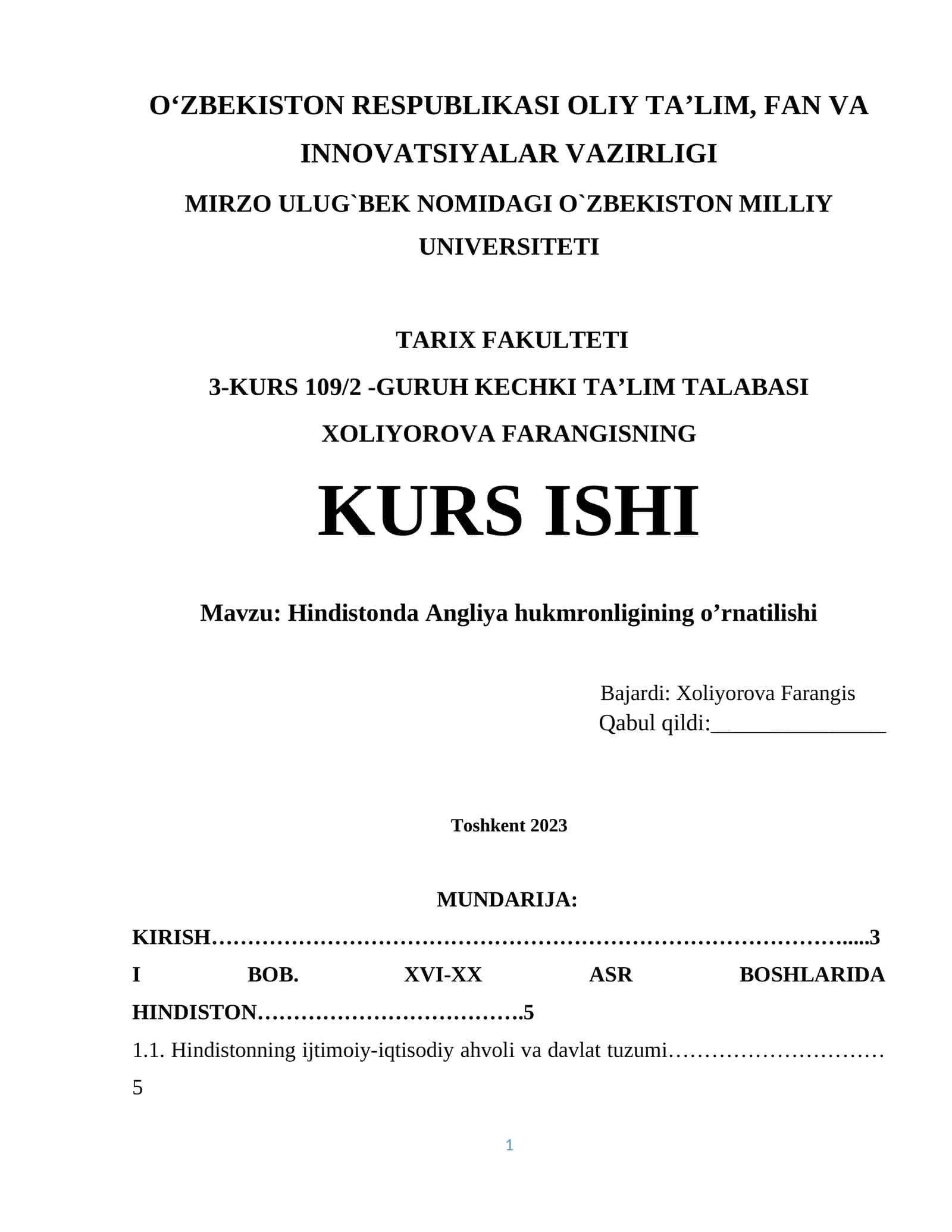 Hindistonda Angliya hukmronligining o’rnatilishi