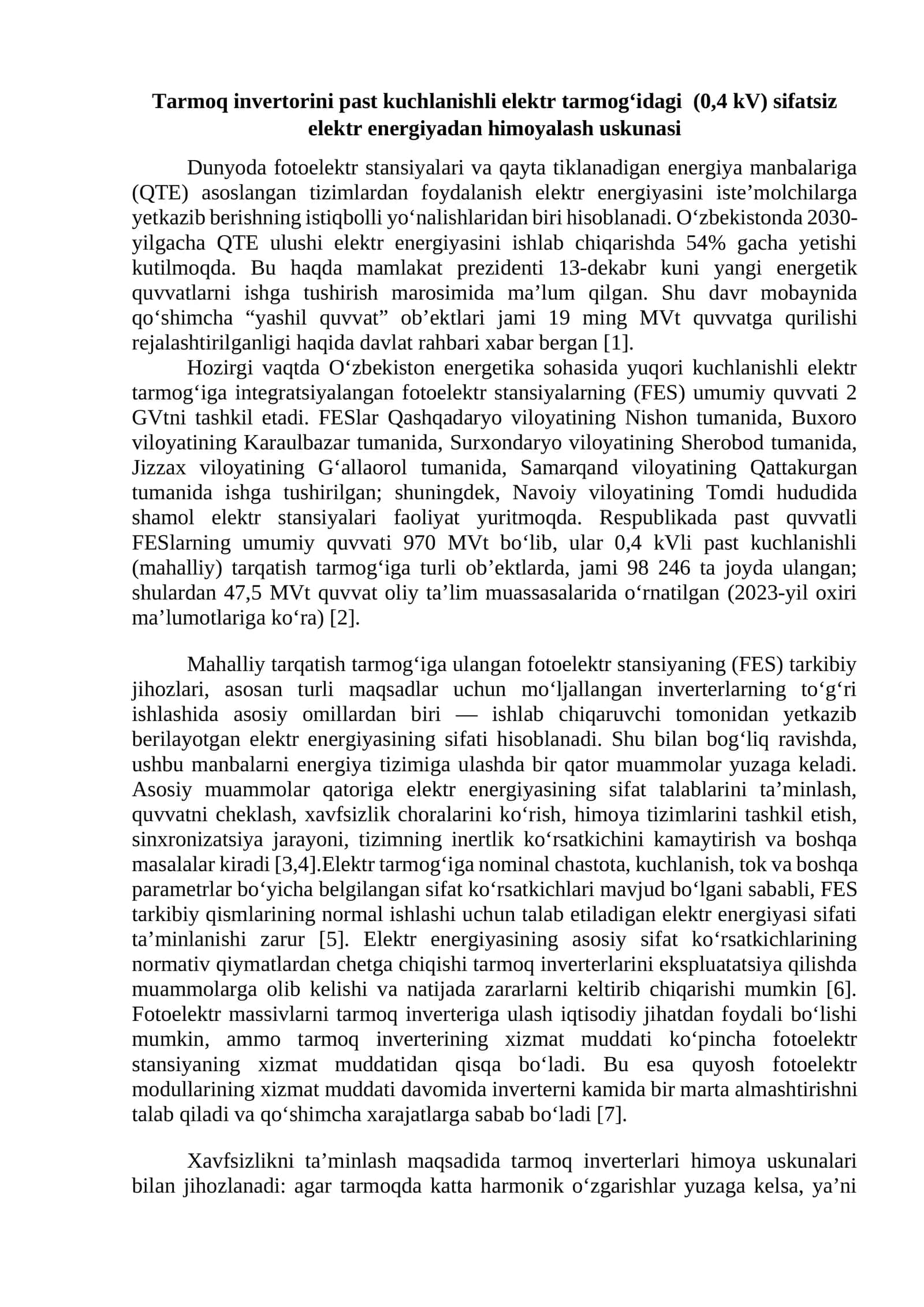 Tarmoq invertorini past kuchlanishli elektr tarmog‘idagi (0,4 kV) sifatsiz elektr energiyadan himoyalash uskunasi