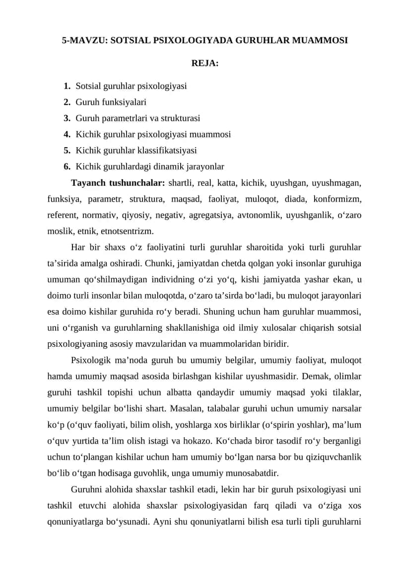 SOTSIAL PSIXOLOGIYADA GURUHLAR MUAMMOSI