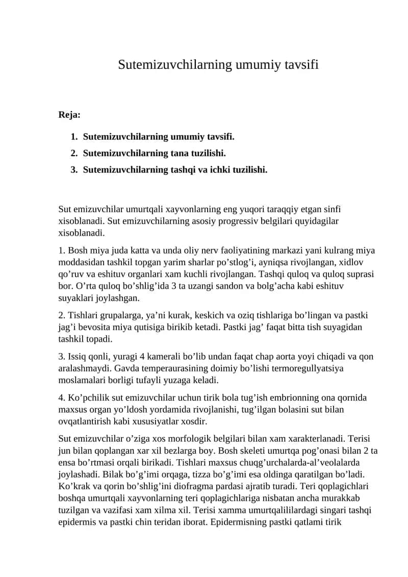 Sutemizuvchilarning umumiy tavsifi