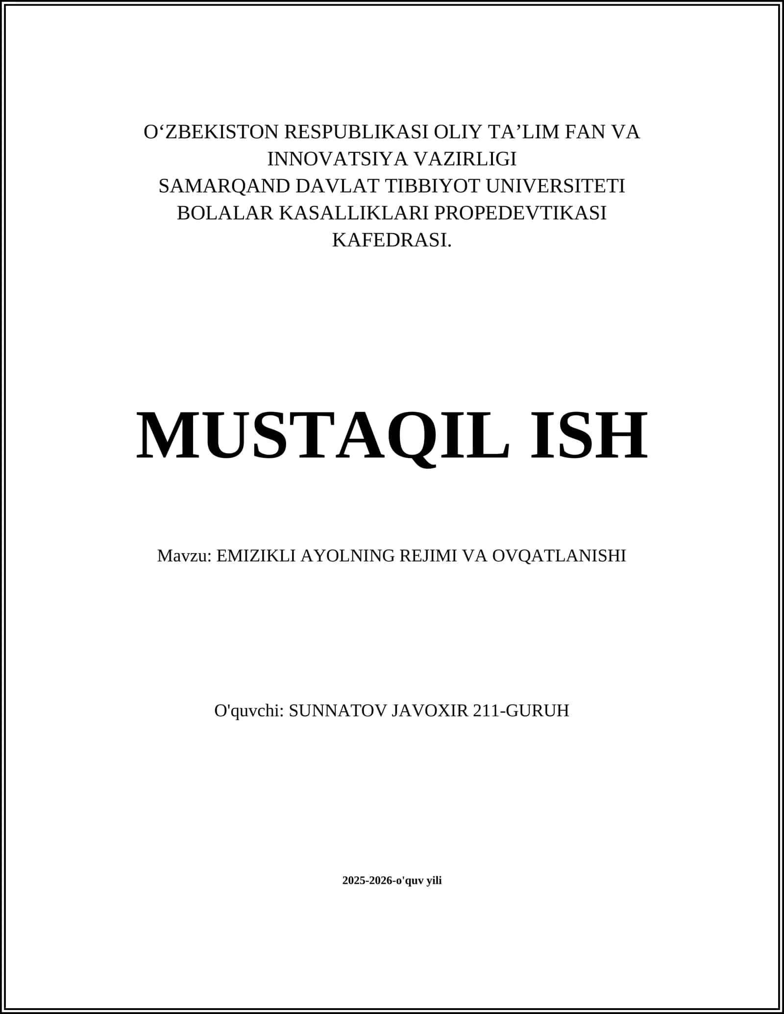 EMIZIKLI AYOLNING REJIMI VA OVQATLANISHI