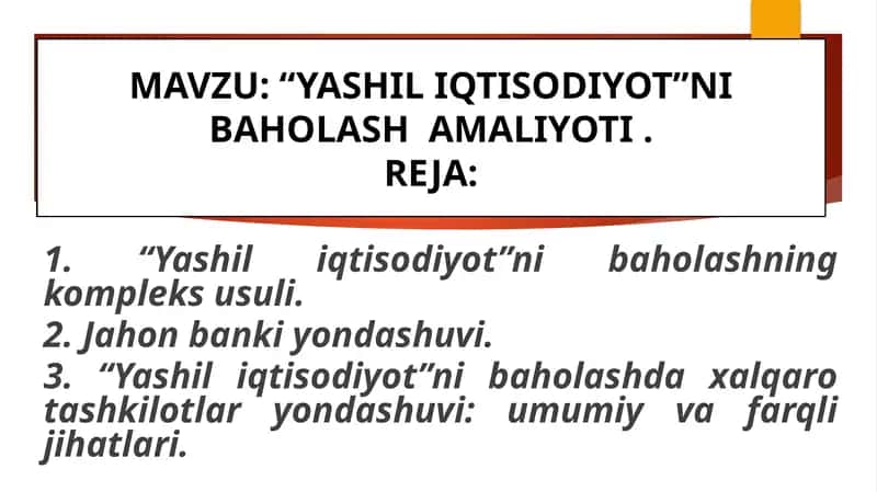 “YASHIL IQTISODIYOT”NI BAHOLASH AMALIYOTI