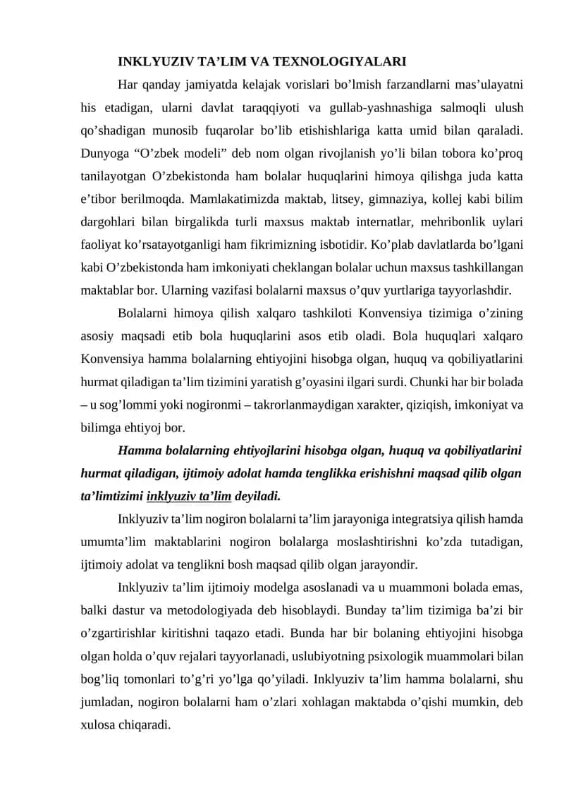Inklyuziv Ta’lim va Texnologiyalari