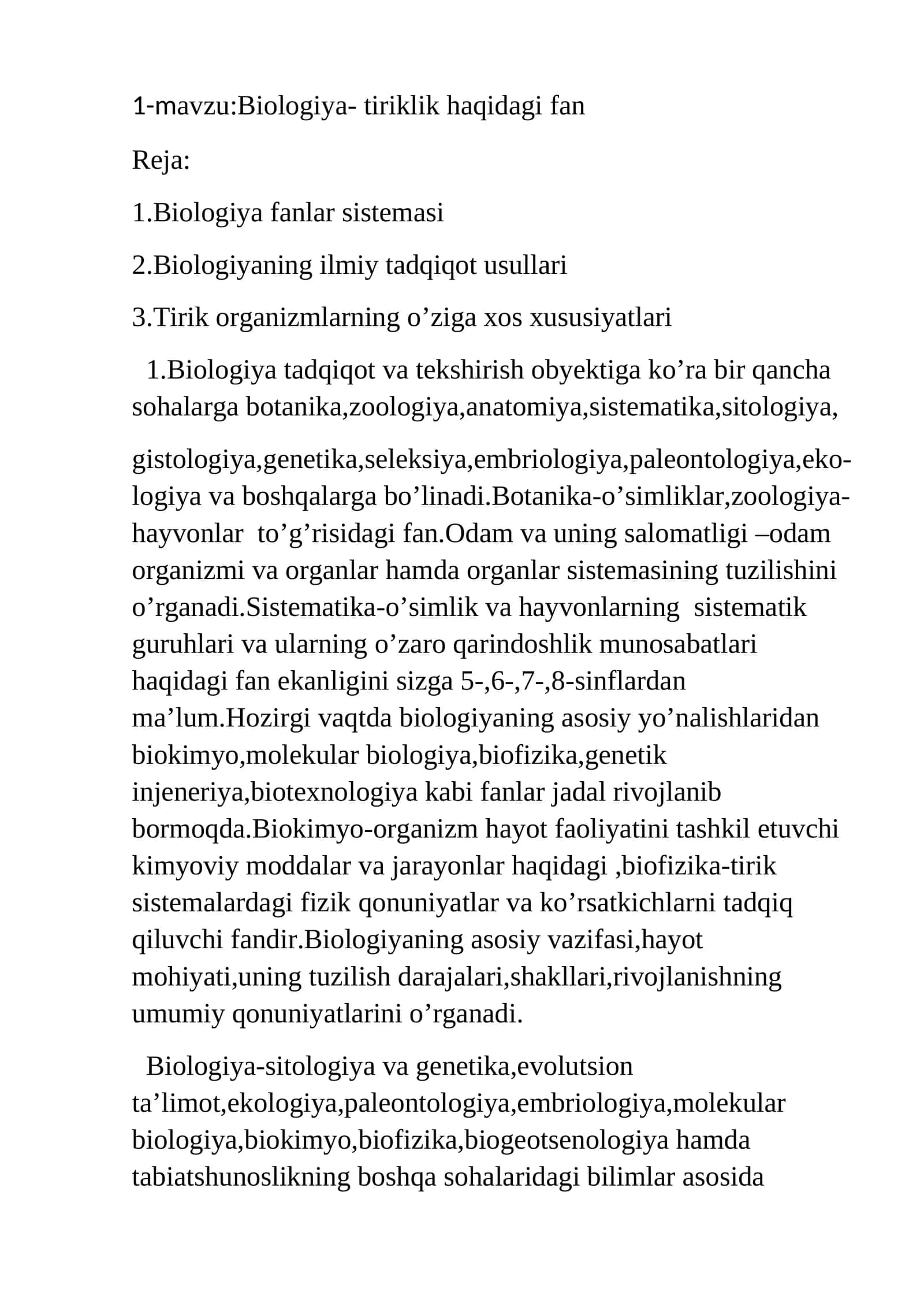 Biologiya- tiriklik haqidagi fan