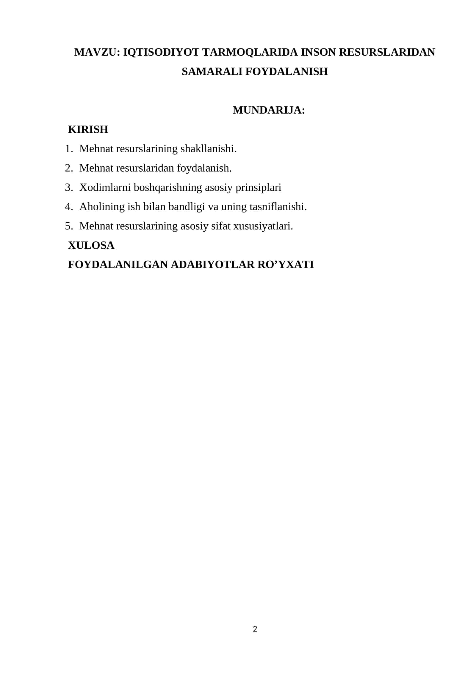 Iqtisodiyot tarmoqlarida inson resurslaridan samarali foydalanish