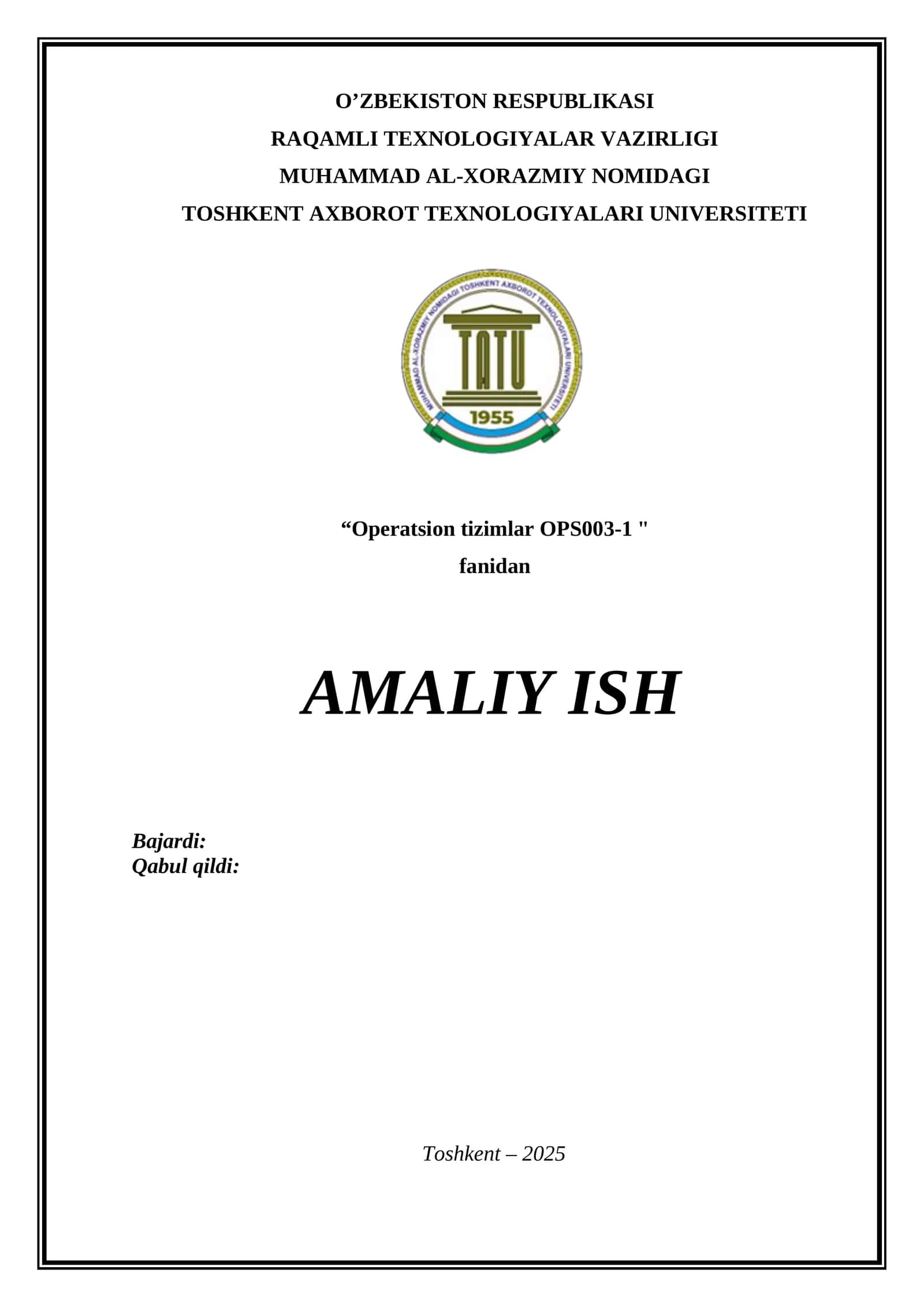 Operatsion tizim o'rnatish. Amaliy ish