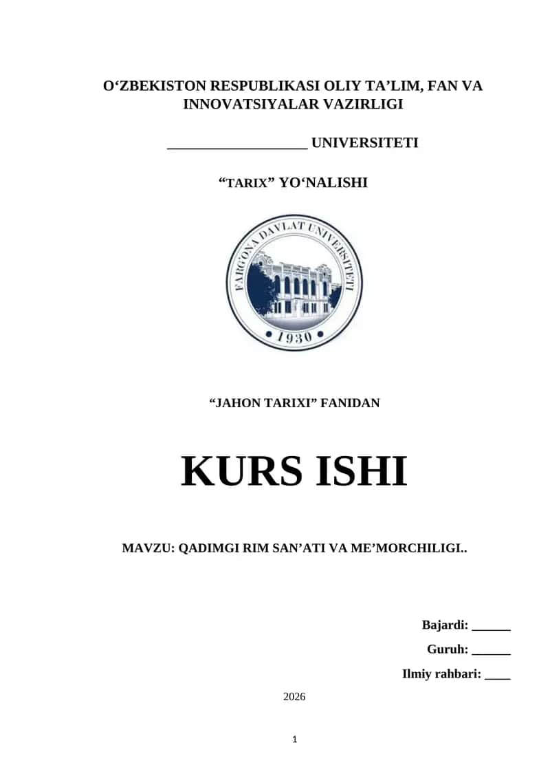QADIMGI RIM SAN’ATI VA ME’MORCHILIGI. (kurs ishi)