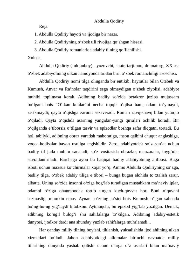 Abdulla Qodiriy hayoti va ijodi yuzasidan referat