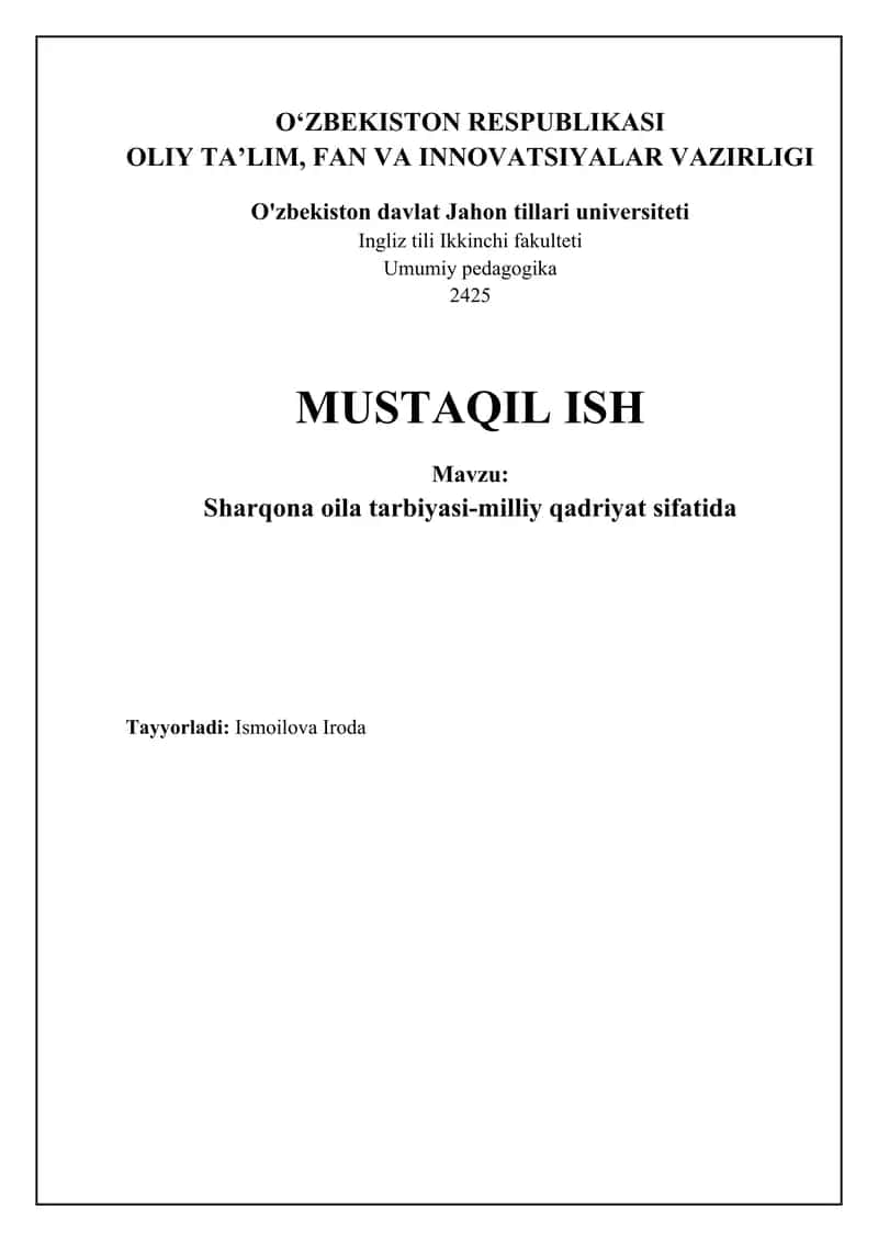 Sharqona oila tarbiyasi-milliy qadriyat sifatida