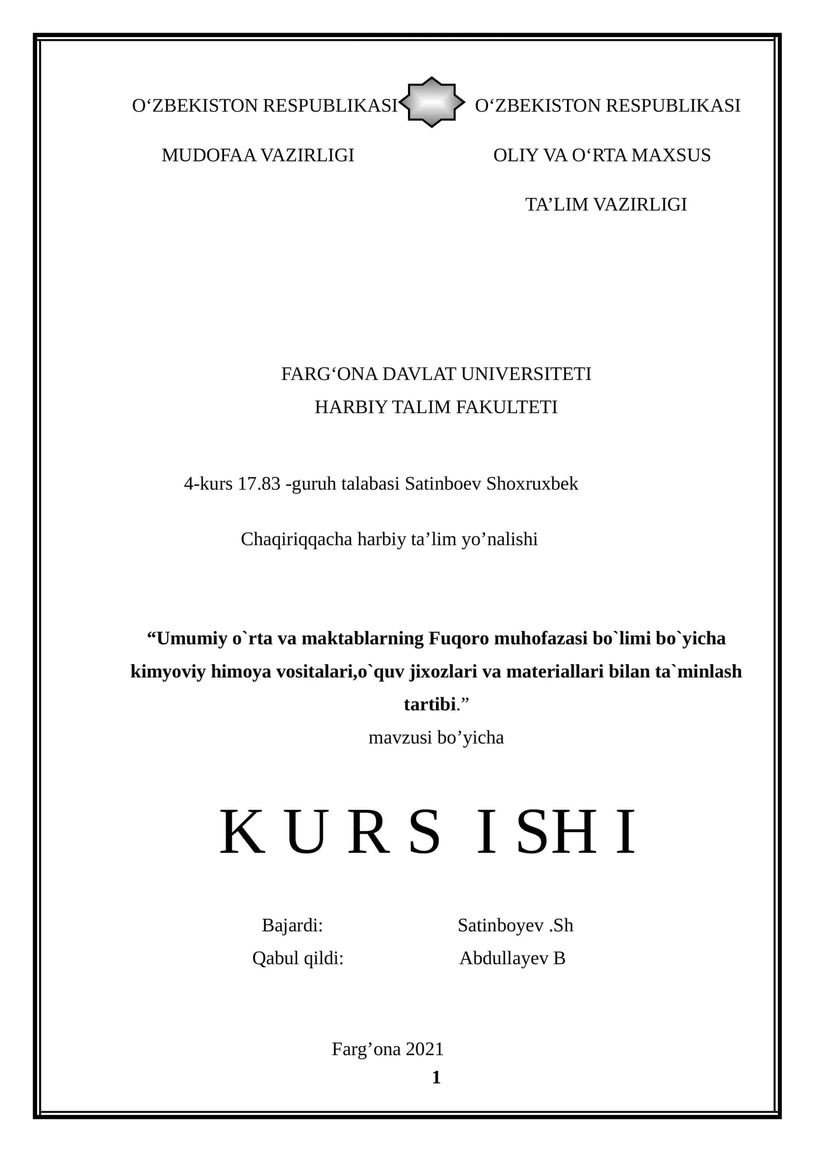 KURS ISH BO’YICHA TOPSHIRIQ
