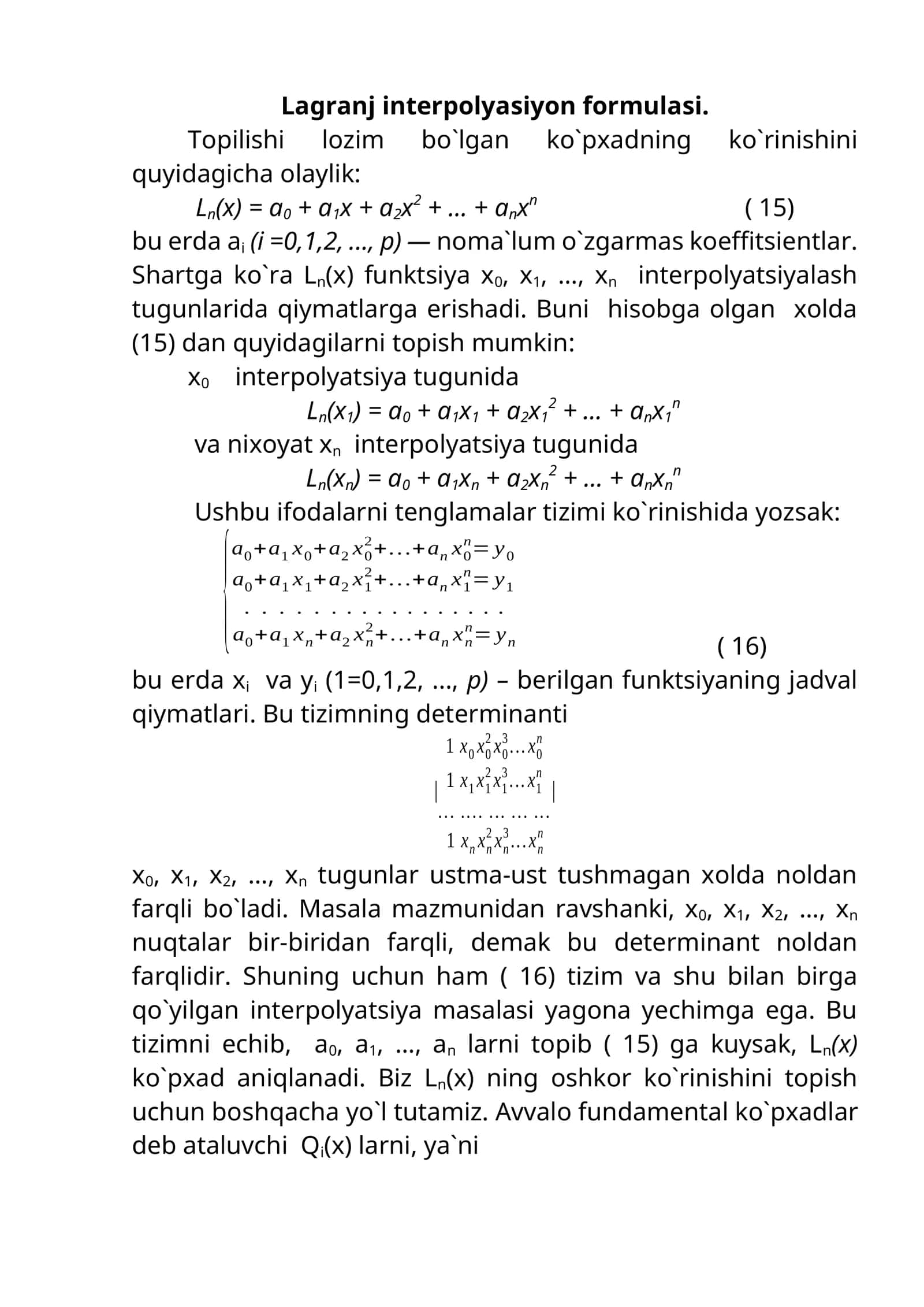 Lagranj interpolyasiyon formulasi