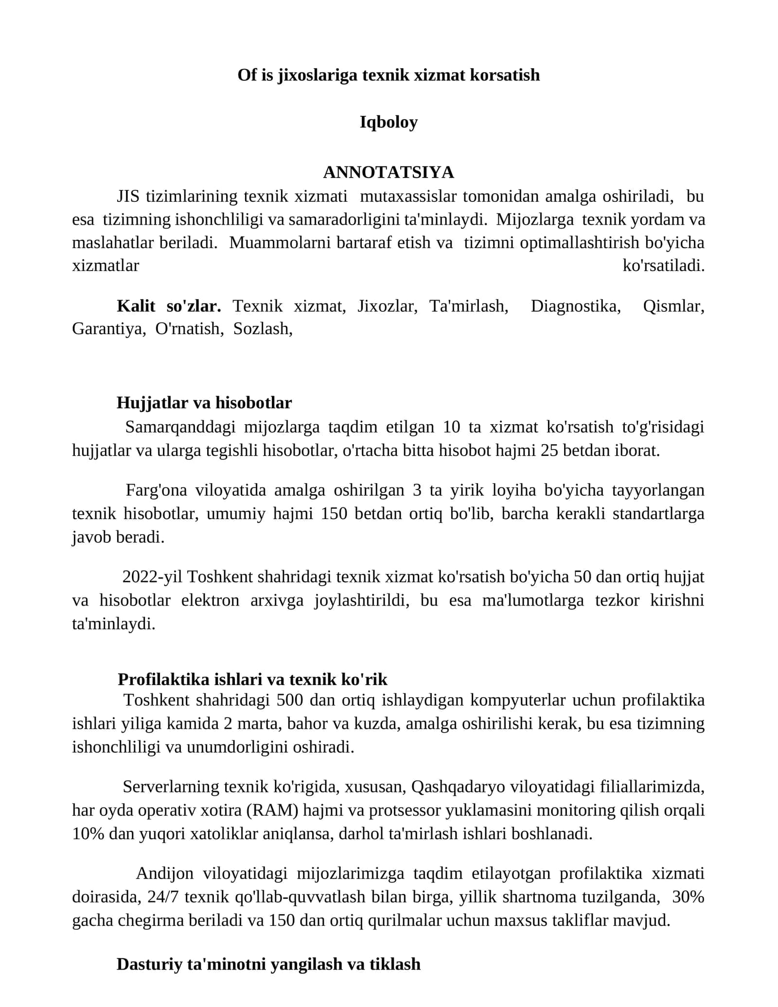 Of is jixoslariga texnik xizmat korsatish