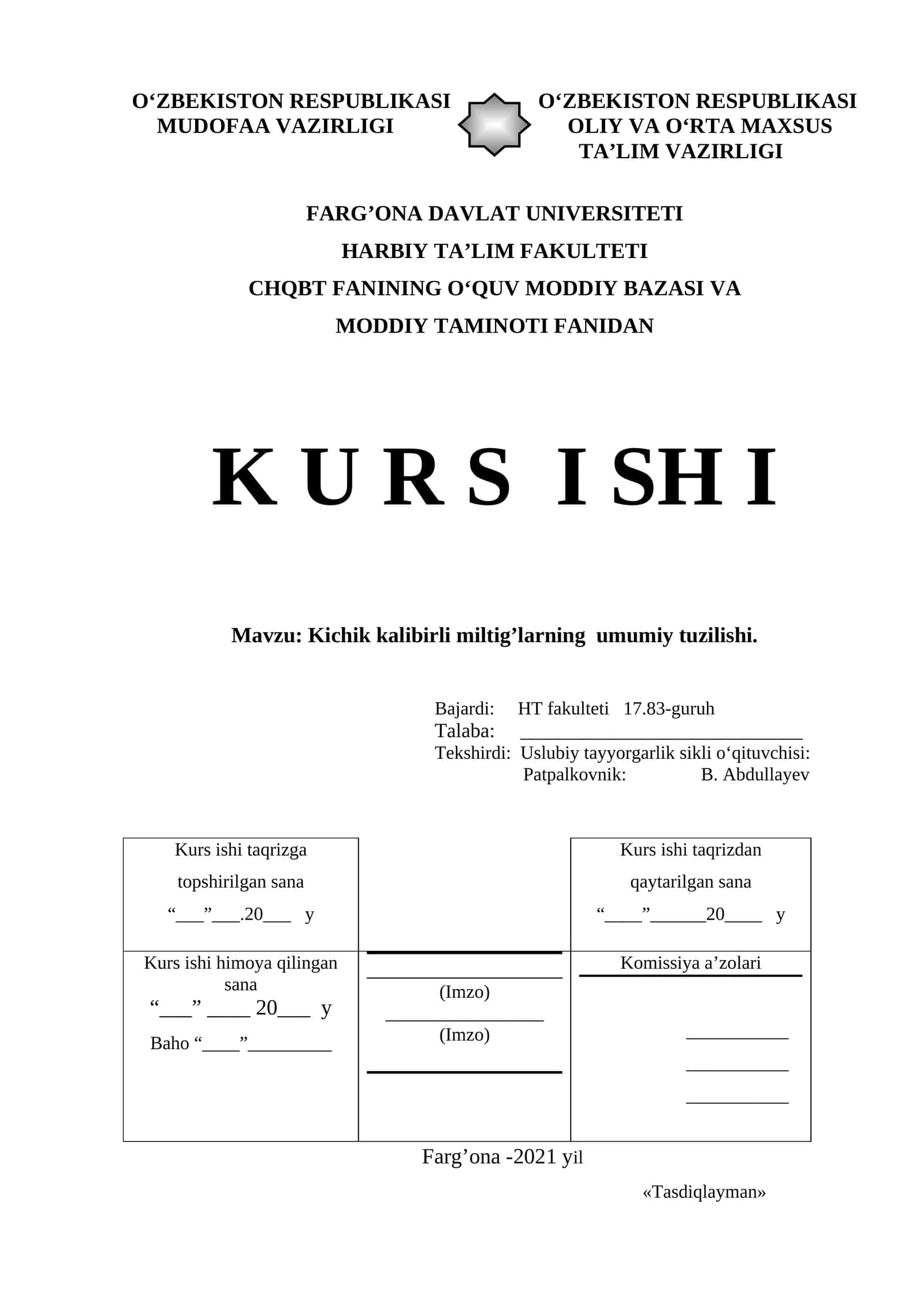 Kichik kalibirli miltig’larning umumiy tuzilishi