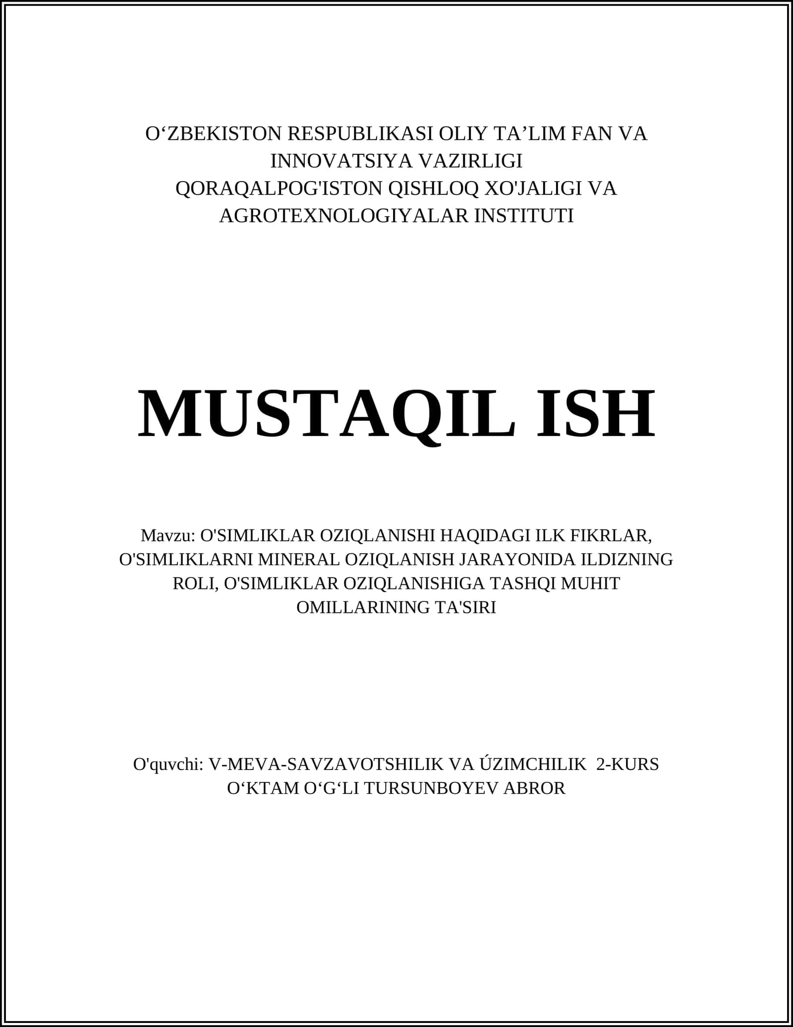 O'SIMLIKLAR OZIQLANISHI HAQIDAGI ILK FIKRLAR