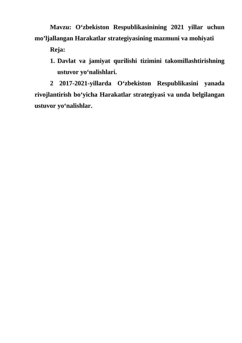 O‘zbekiston Respublikasinining 2021 yillar uchun mo’ljallangan Harakatlar strategiyasi