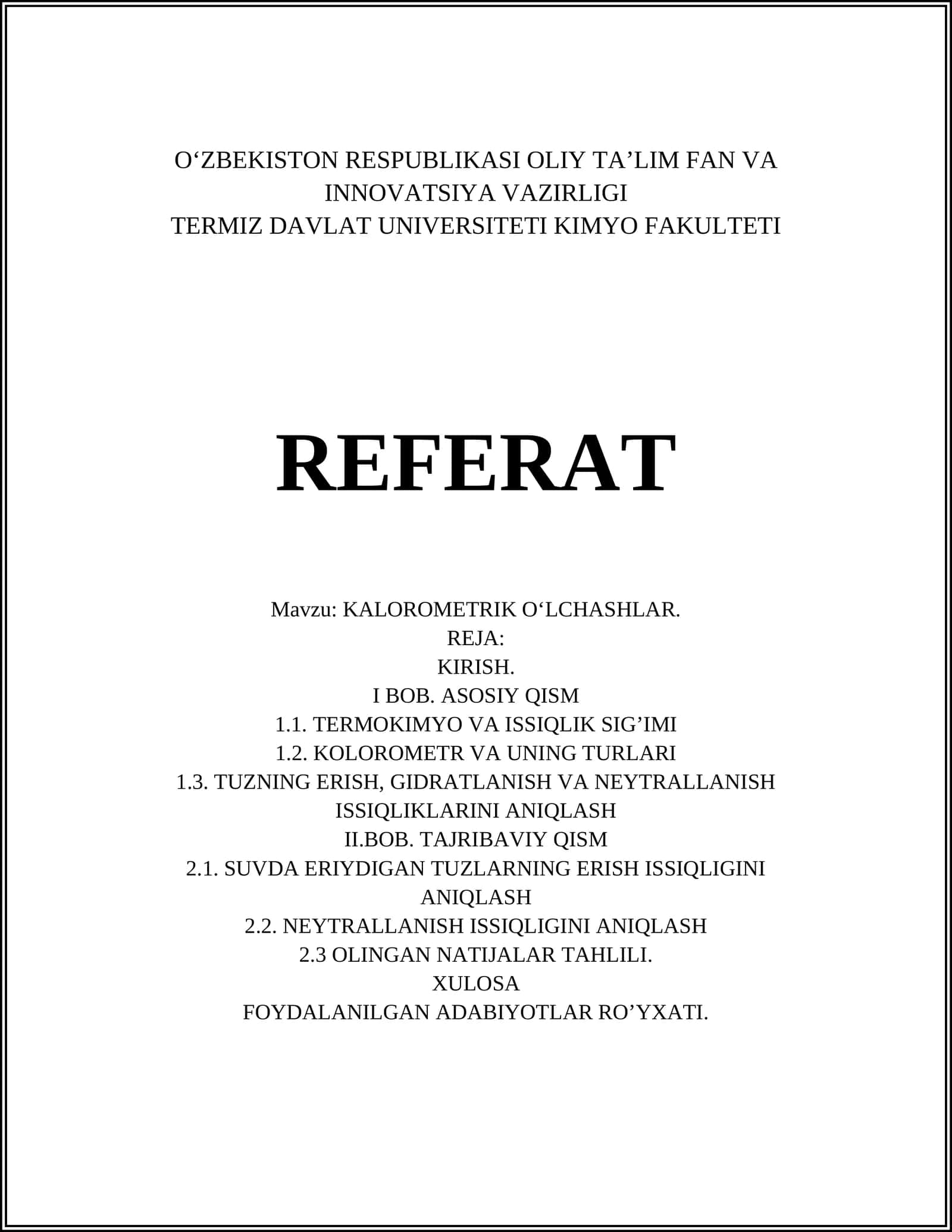 KALOROMETRIK O‘LCHASHLAR
