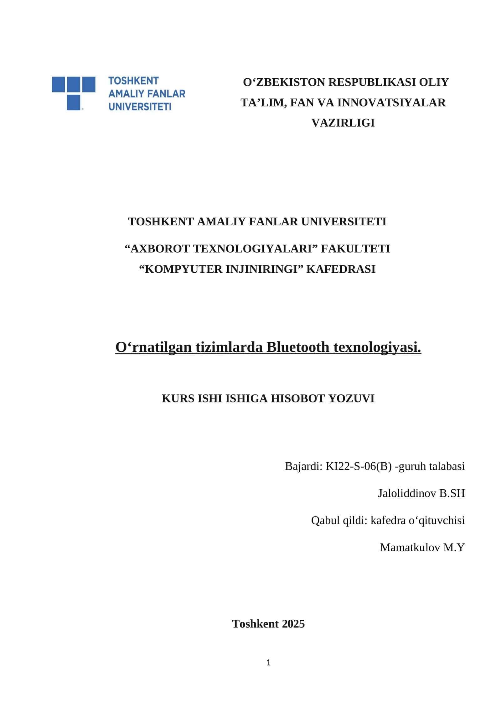 O‘rnatilgan tizimlarda Bluetooth texnologiyasi