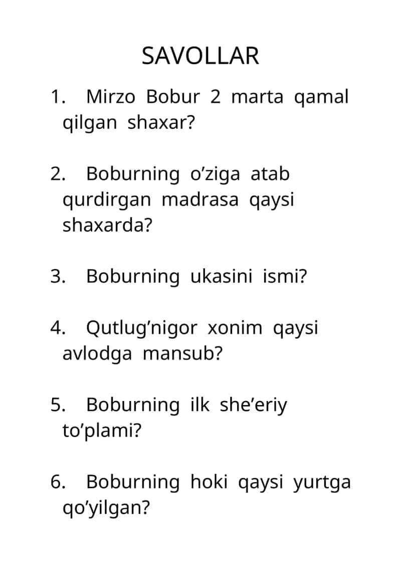 Adabiyotdan savollar Bobur