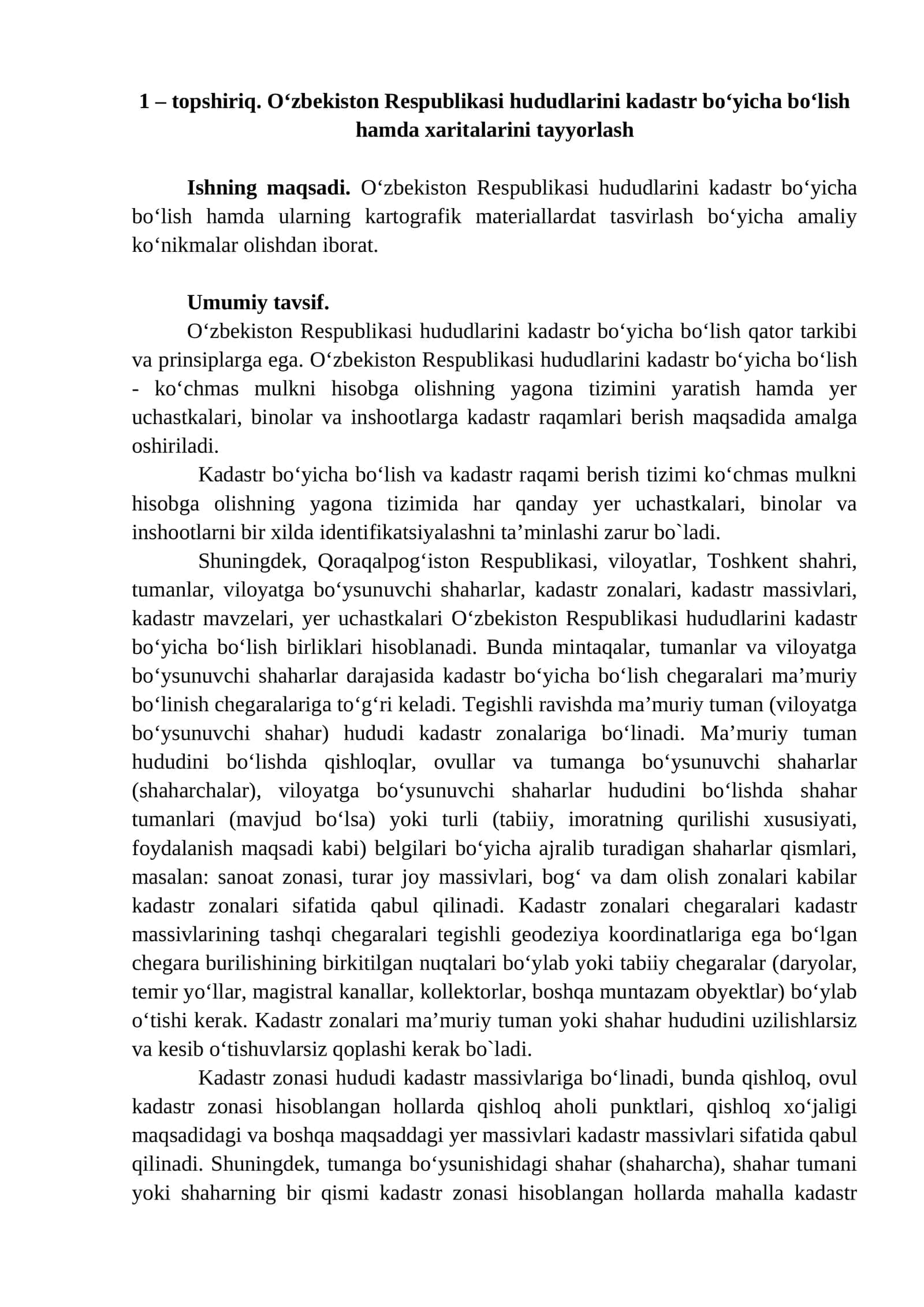 O‘zbekiston Respublikasi hududlarini kadastr bo‘yicha bo‘lish hamda xaritalarini tayyorlash