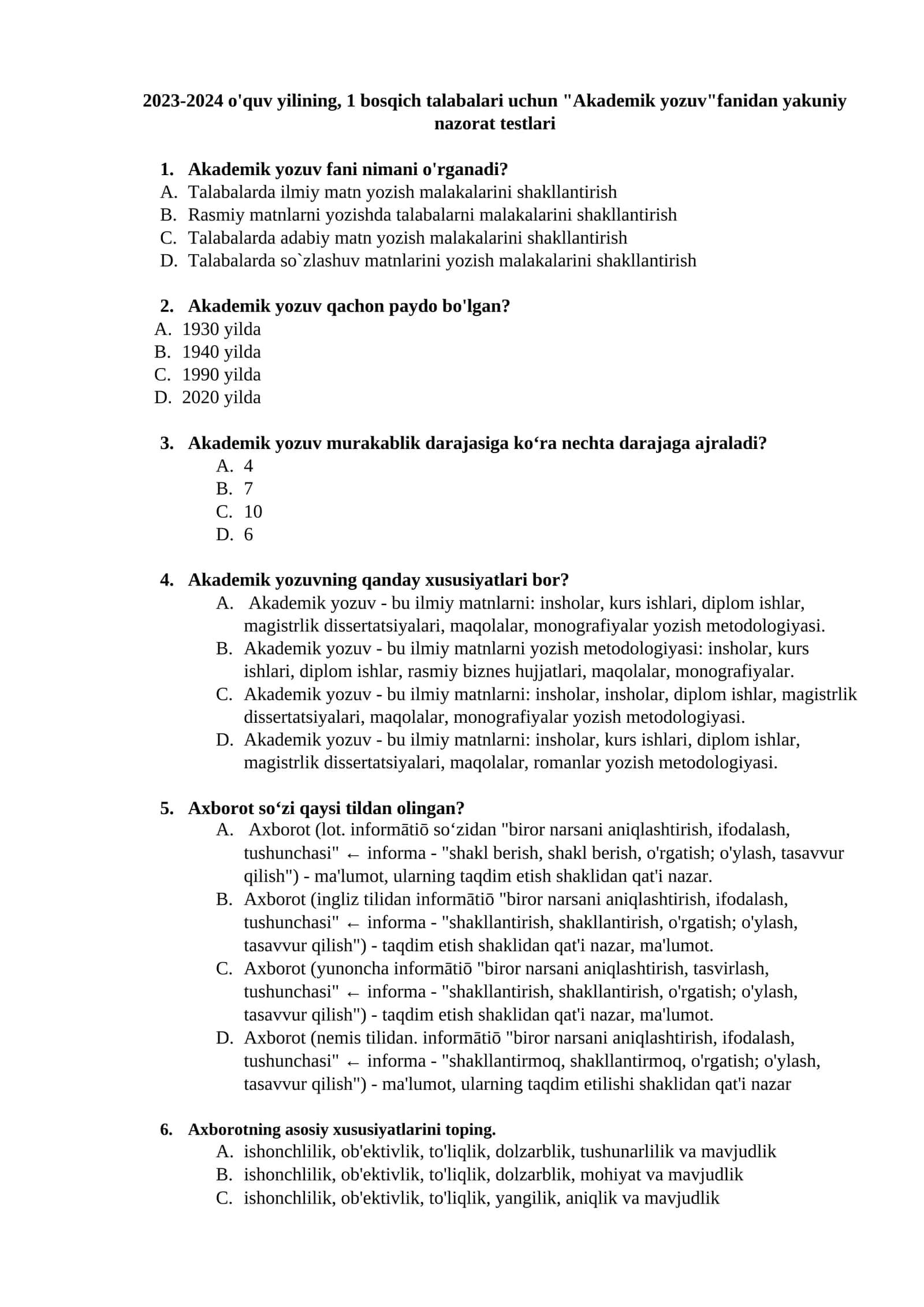 Akademik yozuv fanidan yakuniy nazorat testlari