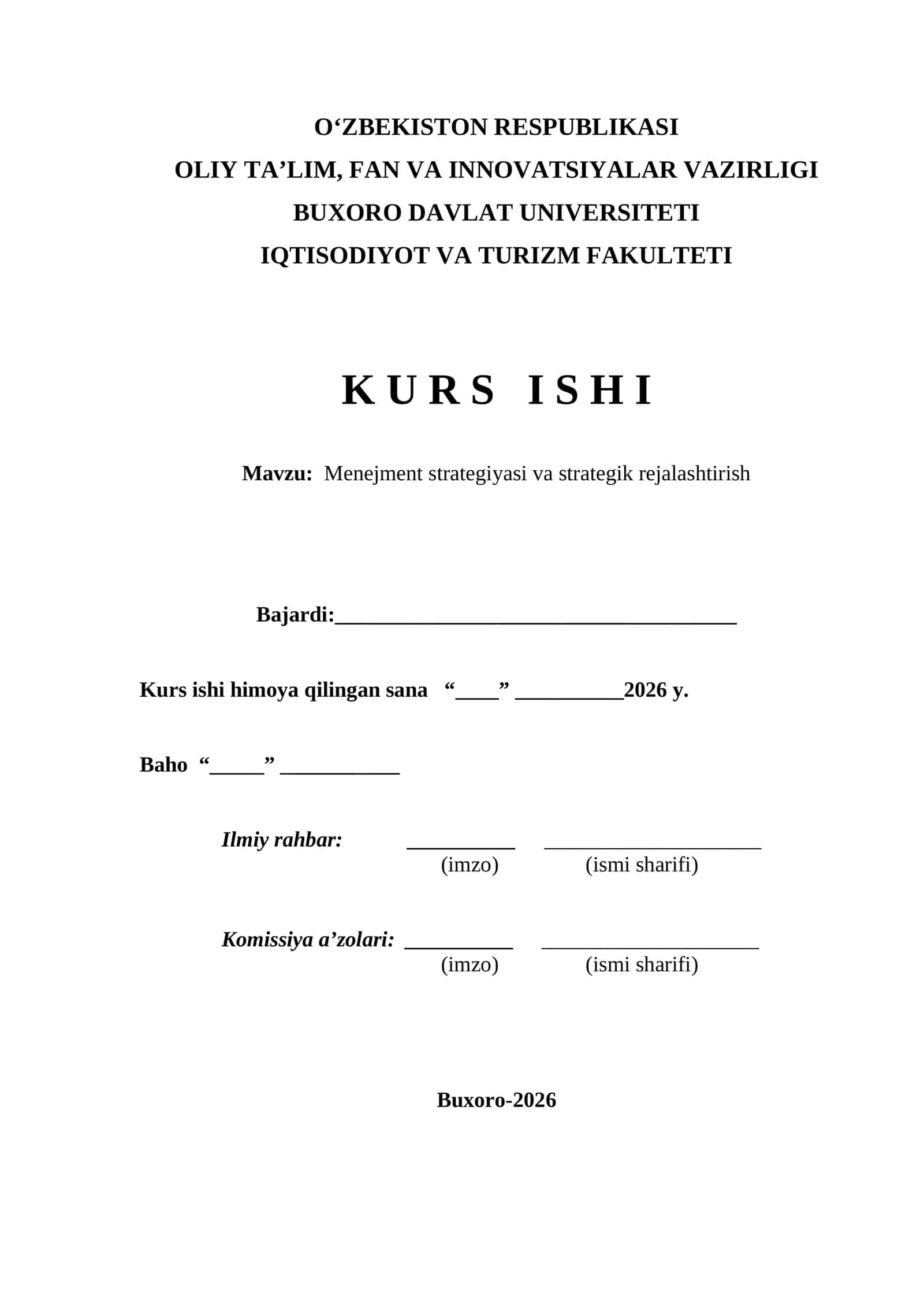 Menejment strategiyasi va strategik rejalashtirish kurs ishi