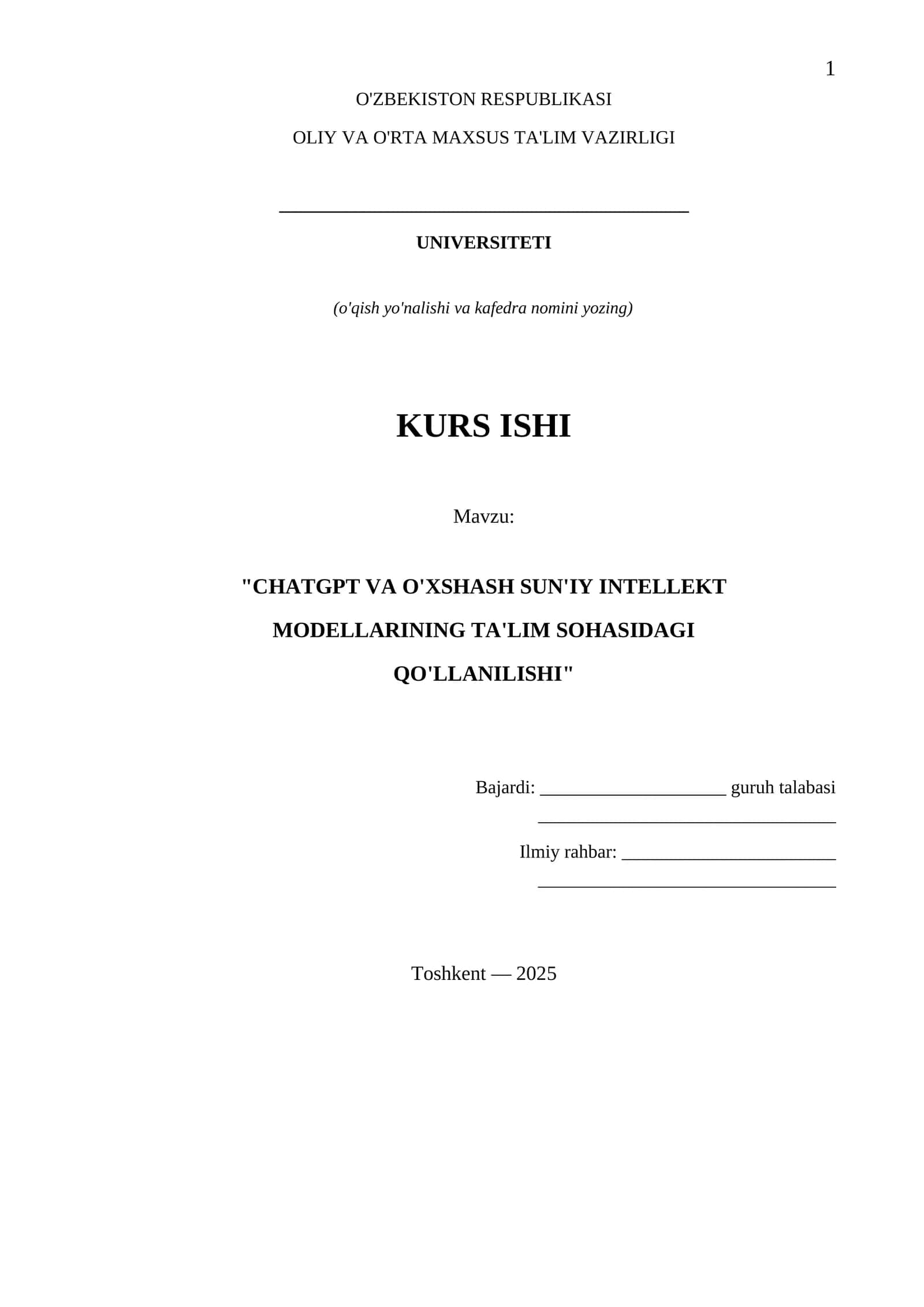 CHATGPT VA O'XSHASH SUN'IY INTELLEKT MODELLARINING TA'LIM SOHASIDAGI QO'LLANILISHI