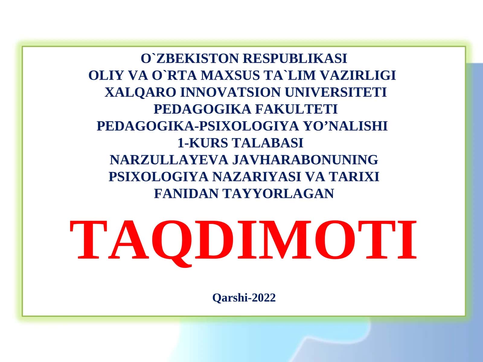 PSIXOLOGIYA NAZARIYASI VA TARIXI TAQDIMOTI