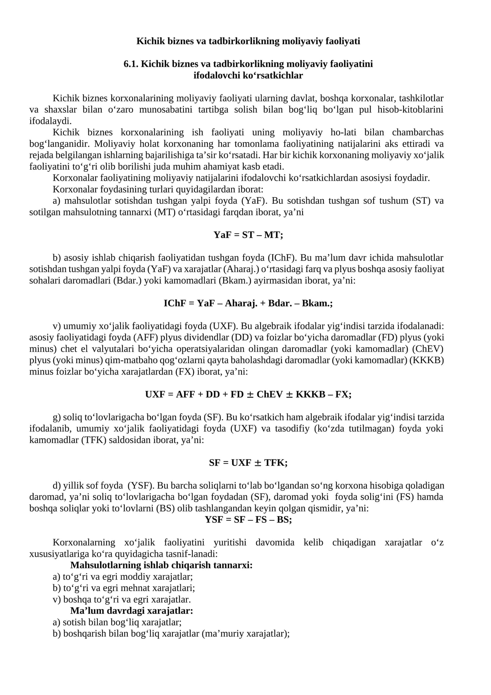 Kichik biznes va tadbirkorlikning moliyaviy faoliyati