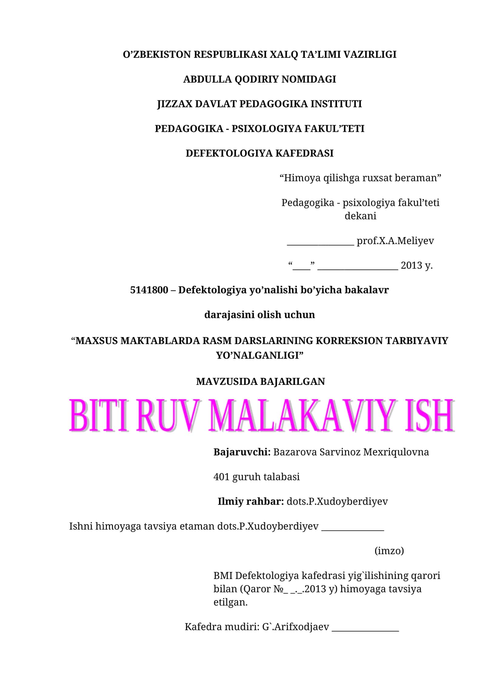 MAXSUS MAKTABLARDA RASM DARSLARINING KORREKSION TARBIYAVIY YO’NALGANLIGI