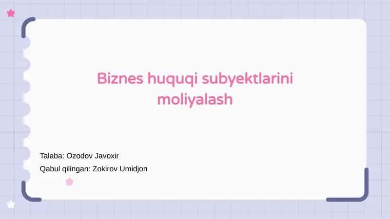 Xo'jalik yurituvchi sub'ektlarni moliyalash