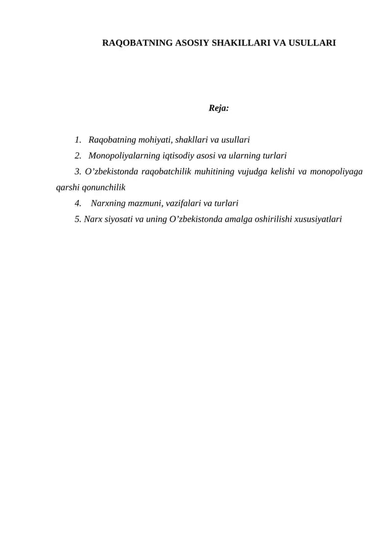 RAQOBATNING ASOSIY SHAKILLARI VA USULLARI