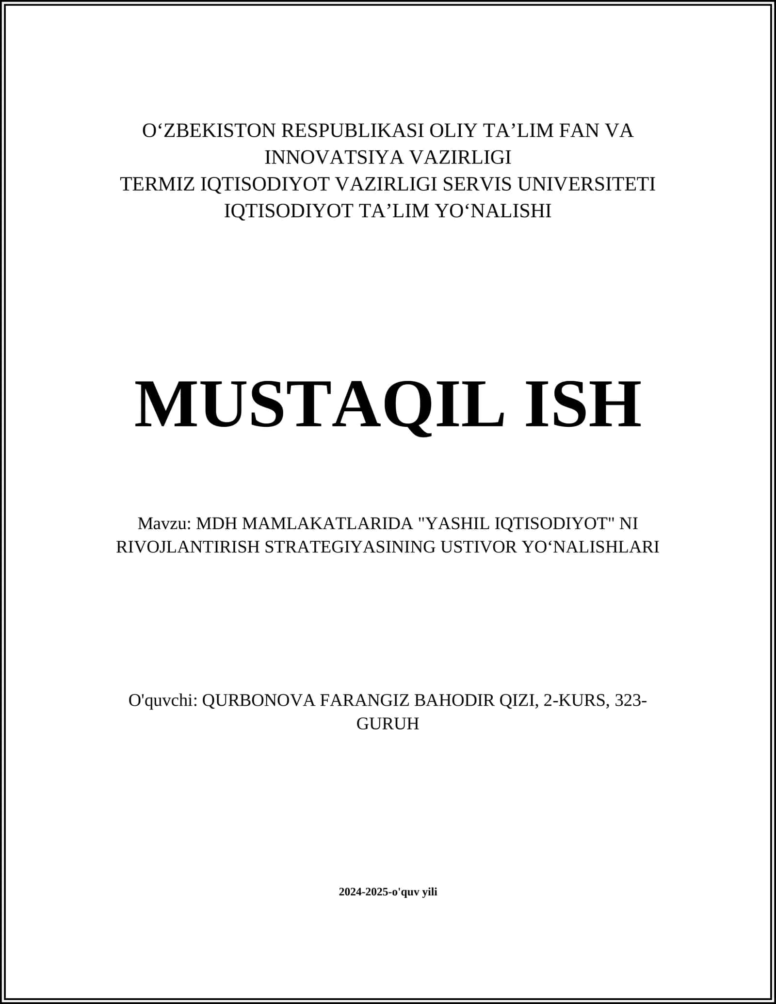 MDH MAMLAKATLARIDA "YASHIL IQTISODIYOT" NI RIVOJLANTIRISH STRATEGIYASINING USTIVOR YOʻNALISHLARI