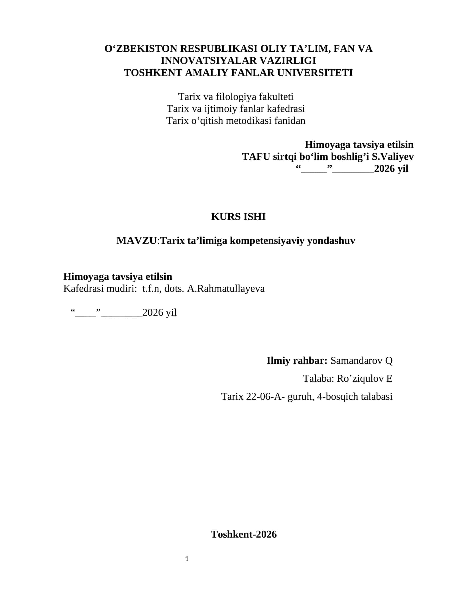 KURS ISHI MAVZU:Tarix ta’limiga kompetensiyaviy yondashuv